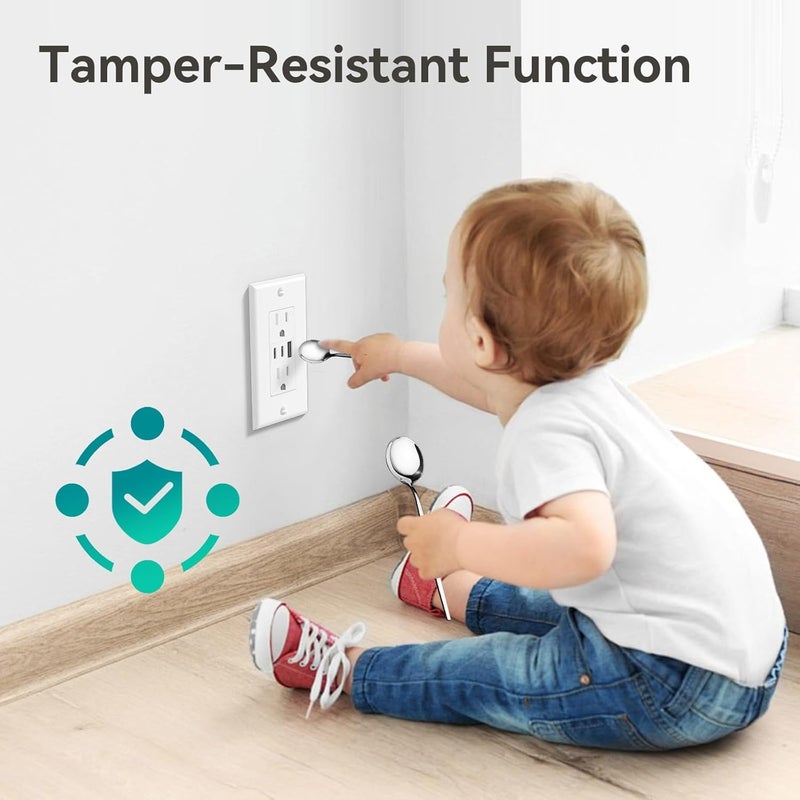 Amico 6.0A USB Outlet, 3-Port 30W Wall Outlets with 2 Type C & 1 Type A, 15 Amp Receptacle Plug, Tamper Resistant Receptacle, Wall Plate Included, ETL Listed, White, 1 Pack - Image 4